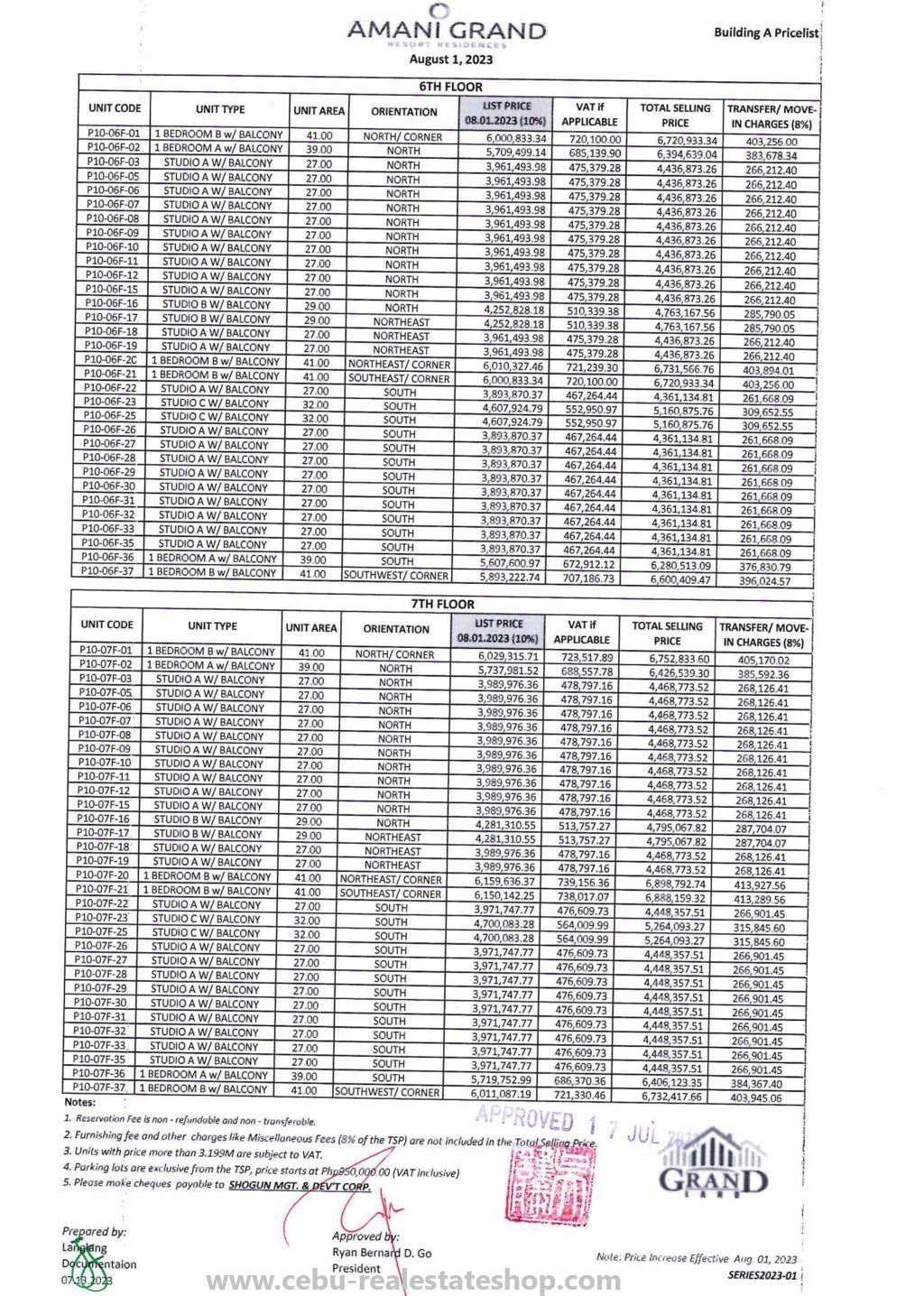 amani grand price list a